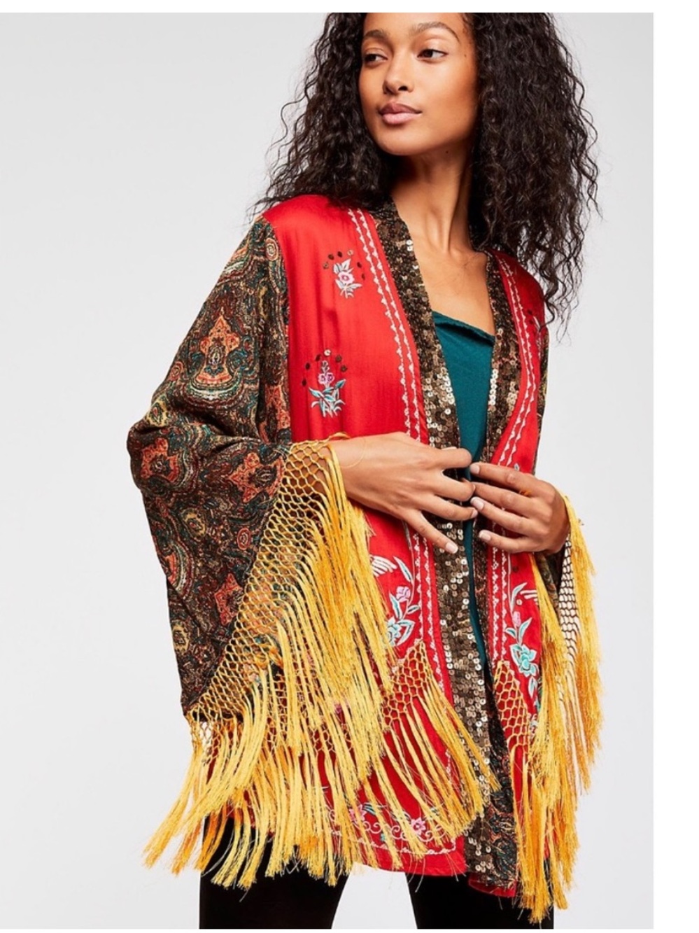 Free People Embroidered Fringe Kimono